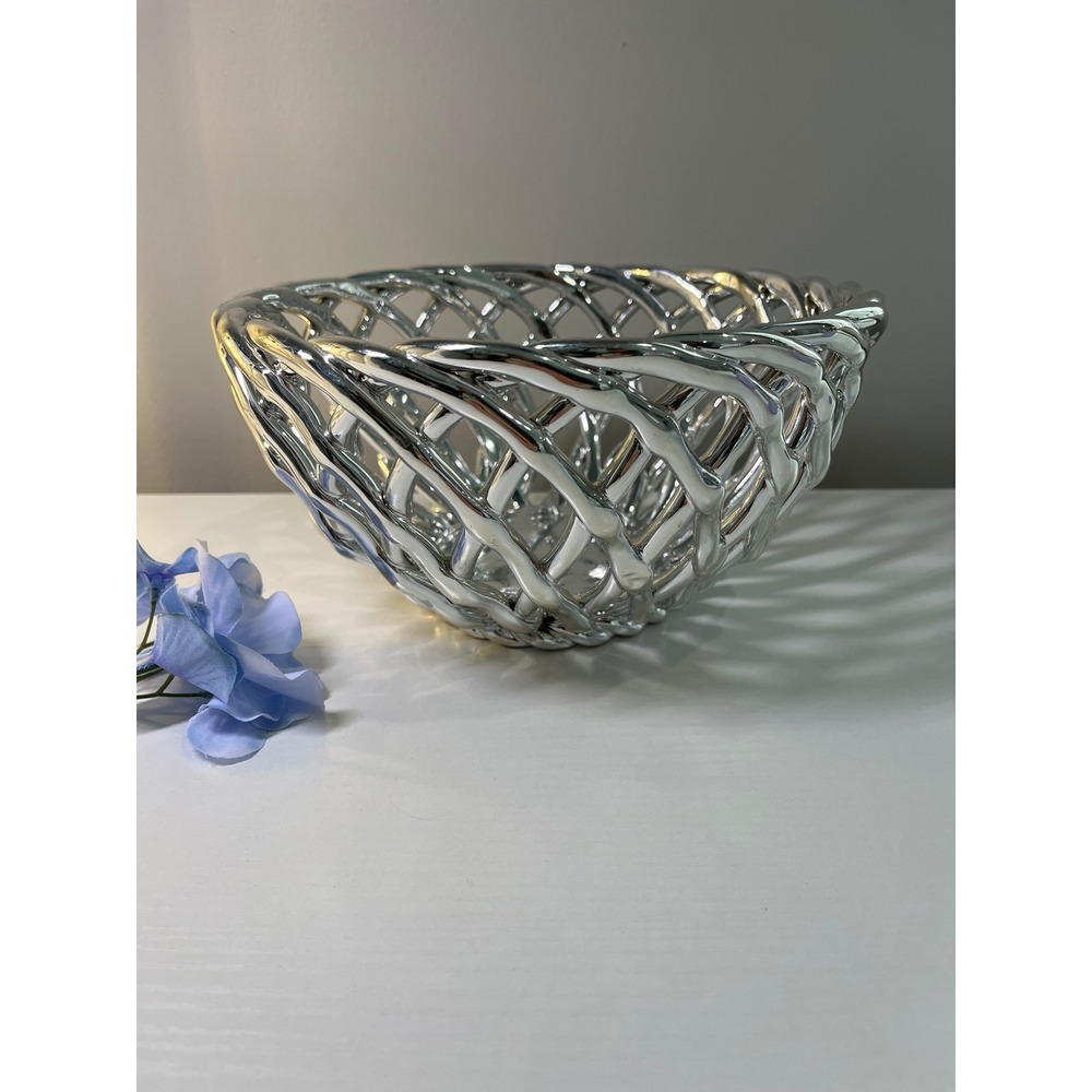 Silver‎ tone Lattice Basket Decorative Centerpiece Bowl 8.5 Inch Diameter